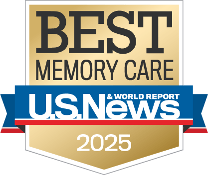 The image features a "Best Memory Care" badge from U.S. News & World Report for 2025, with a gold, blue, and red design.